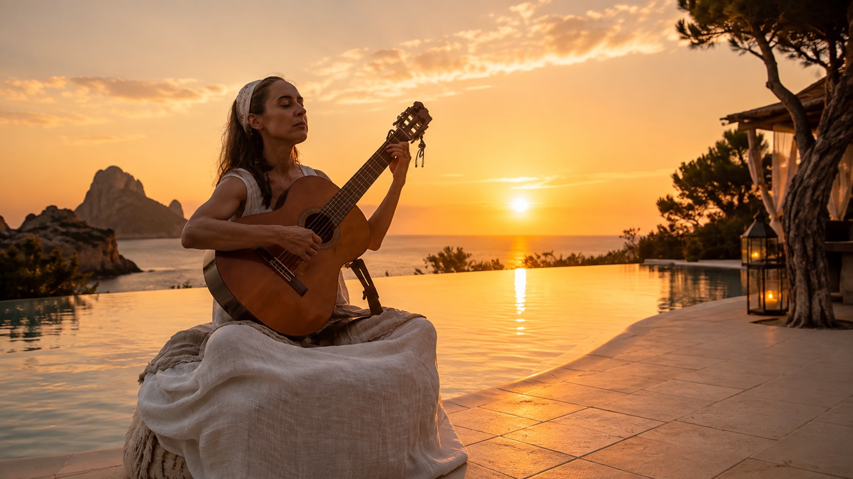 Délia playing guitar at sunset by the sea